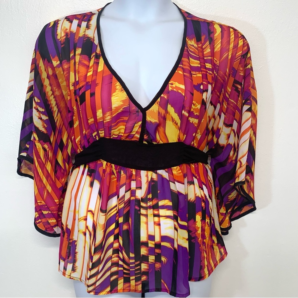 Vtg 90s Top Blouse Woman Large  Colorful Empire Waist Tie Semi Sheer Boho Mod 70